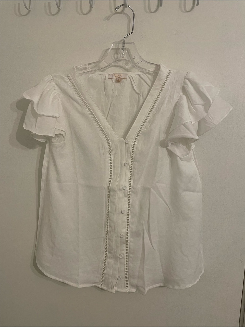 Ruffled Sleeve V-Neck Button Front Top - White